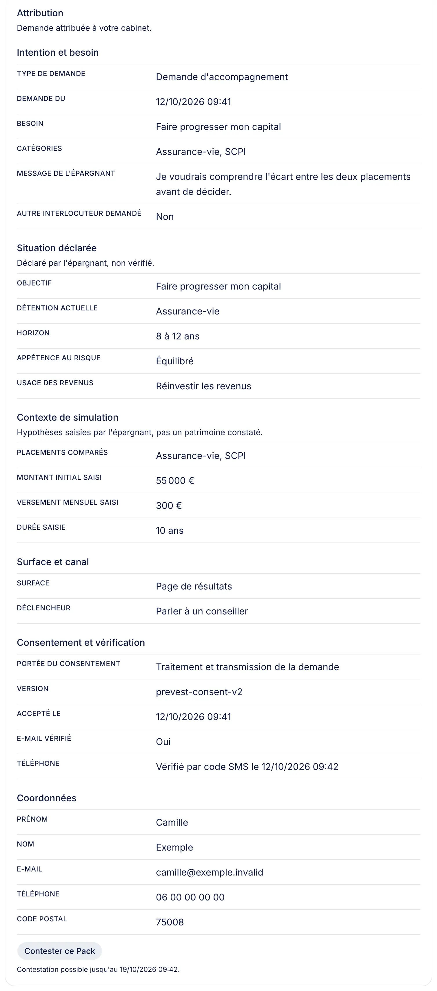 Fiche d'une demande dans l'espace partenaire, avec des données fictives : intention et besoin, situation déclarée, contexte de simulation, consentement et vérification, coordonnées et réclamation.